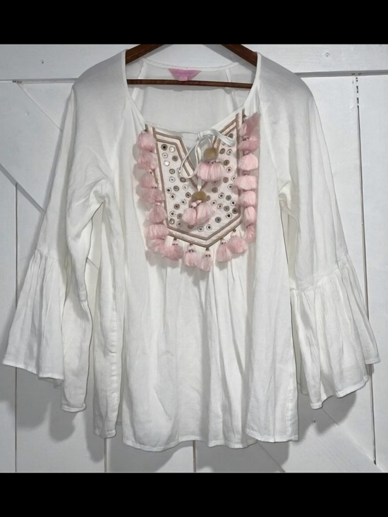 Lilly Pulitzer Tops - Lilly Pulitzer Shandy Tunic Work Mirror Accents And Pink Tassle Trim